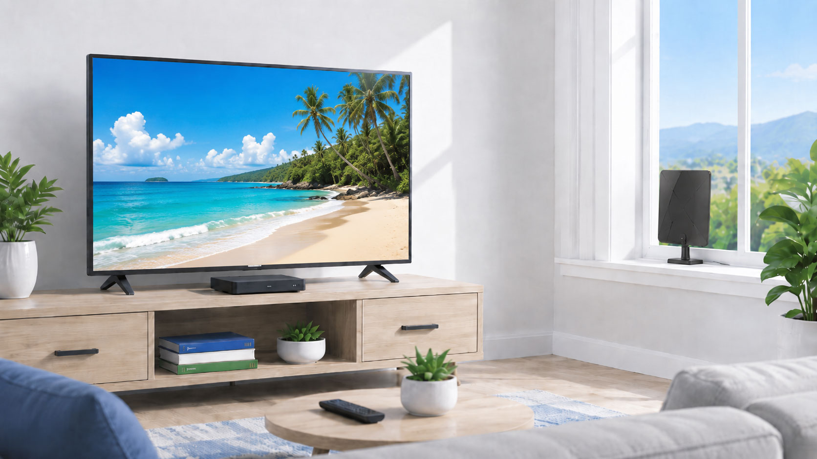 Living room television showing a beach scene with an indoor TV antenna placed near a window.