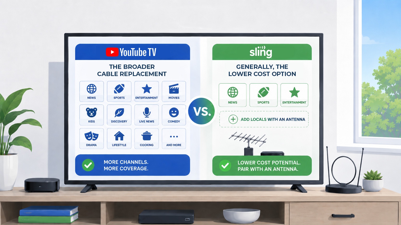 Living room television comparing live TV streaming service options.