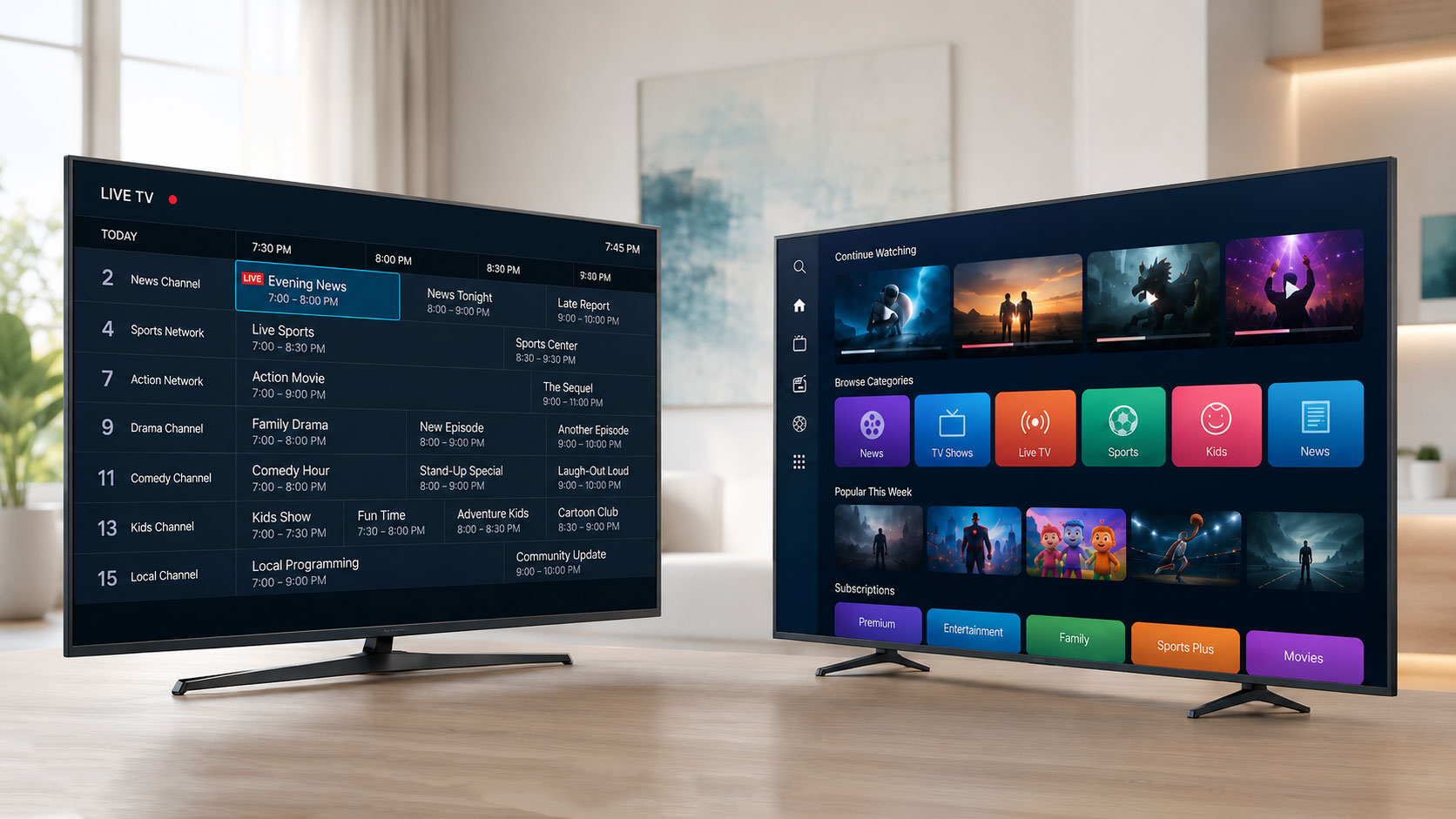 Two televisions in a bright living room, comparing a live TV channel guide with an on-demand streaming interface.